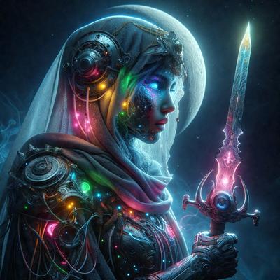 The primary subject of the image is a woman with a sword. She is wearing a futuristic outfit and has a colorful, glowing appearance. The setting is a dark, moody environment, which adds to the overall atmosphere of the image. The visual style is a combination of digital art and illustration, creating a unique and captivating scene. The colors and mood of the image are predominantly dark and mysterious, with the woman's glowing outfit providing a contrasting element of brightness and energy.